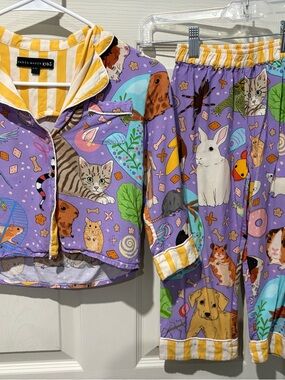 Karen Mabon Kids Purple Animal Print Hooded Pajama Set with Yellow Trim